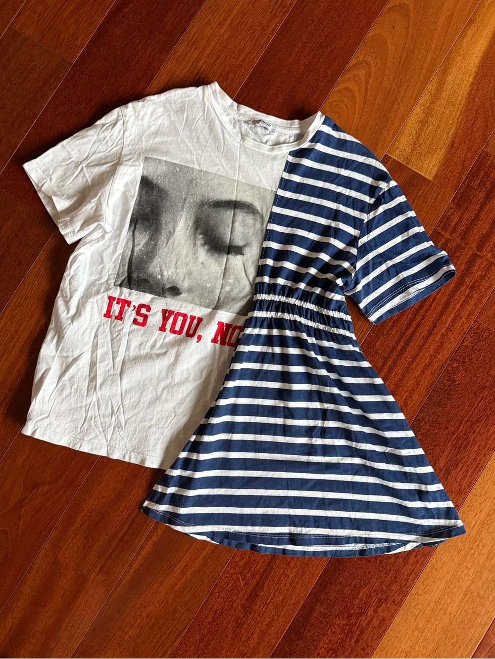 Edge Cotton Tee: Half Graphic White, Half Navy & White Striped Dress, Size S